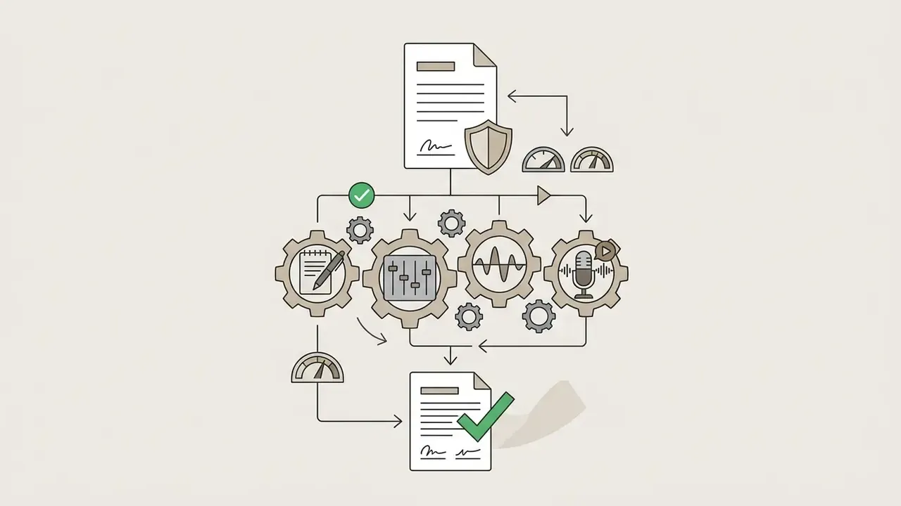 Interconnected gears processing musical production tasks into a signed and approved policy document