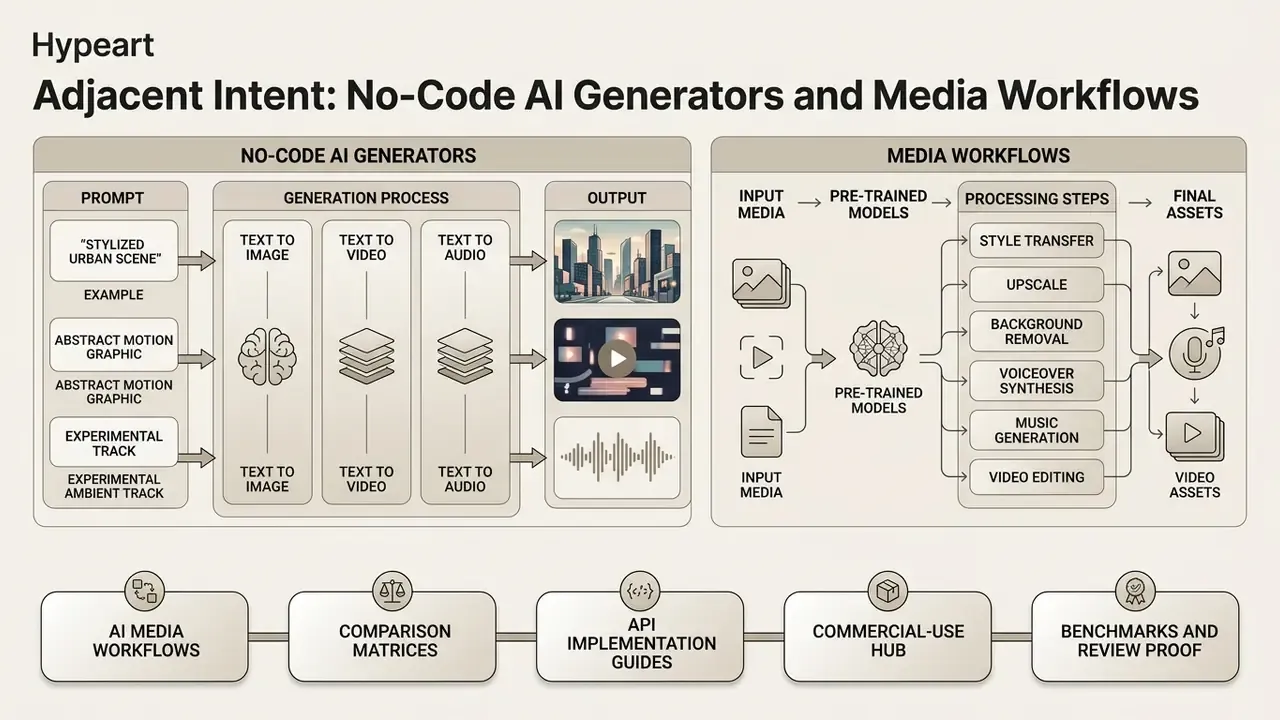 Comparison of no-code AI generators and media workflows showing input processing and output generation