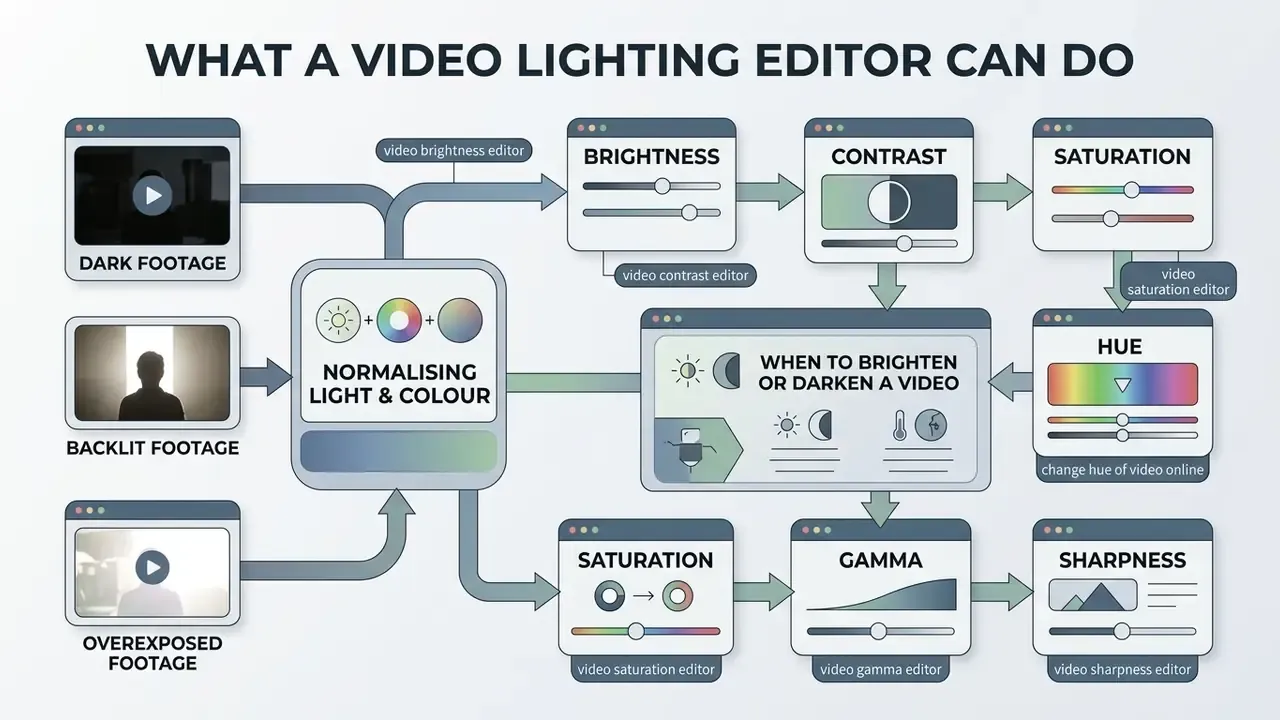 Flowchart showing how a video lighting editor adjusts brightness, contrast, saturation, hue, and gamma