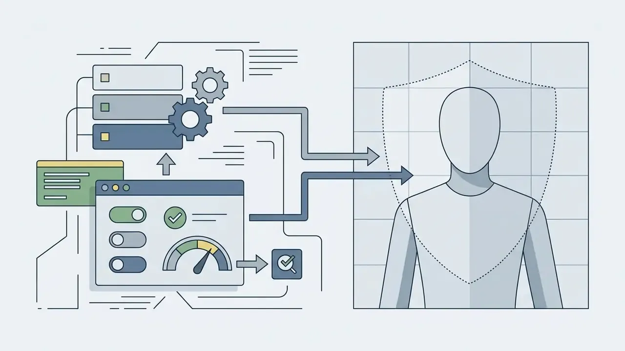 Backend server controls and policy settings connecting to an avatar silhouette protected by a shield