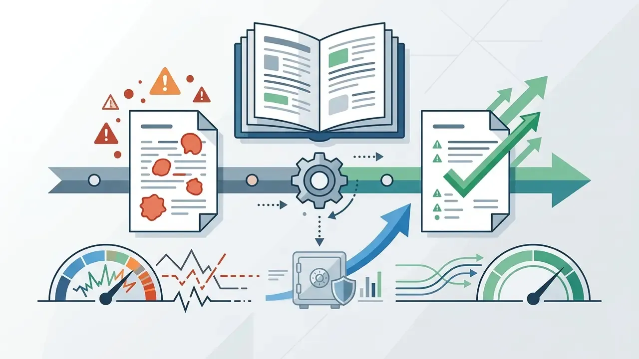 Document with red warning marks transitioning through a gear to a document with a green checkmark and growth arrows