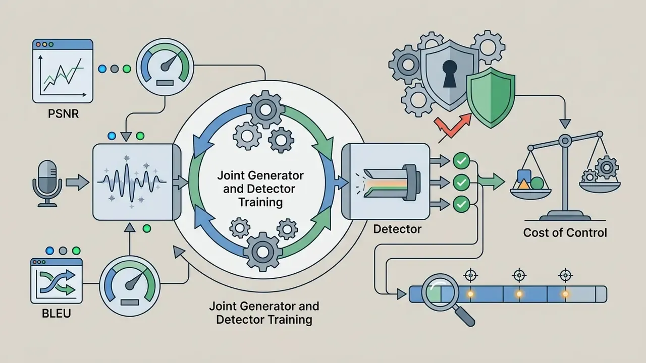 Audio signal processing cycle with generator and detector training linked to performance and cost metrics