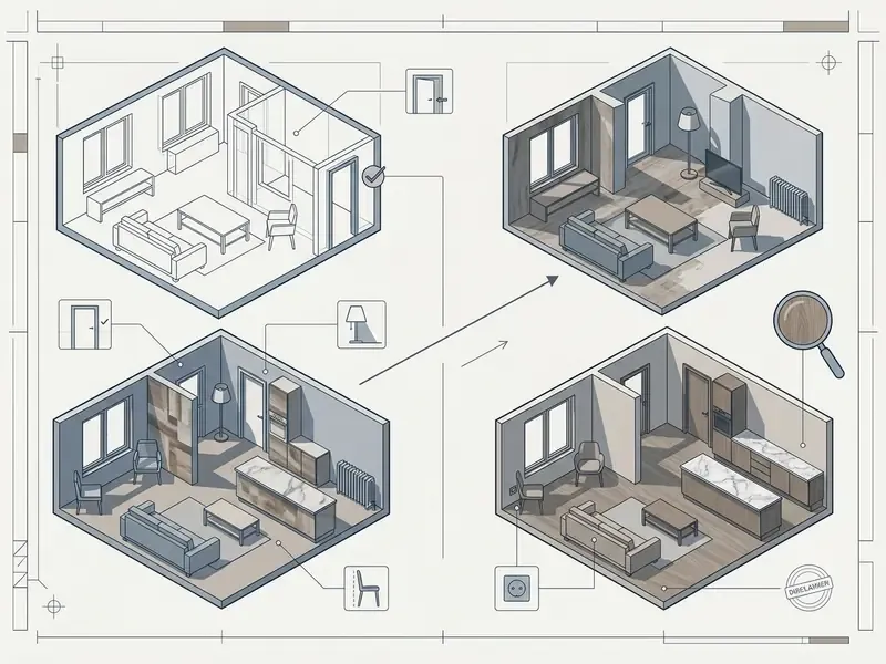 Isometric views of interior room layouts with callout icons highlighting furniture and architectural details