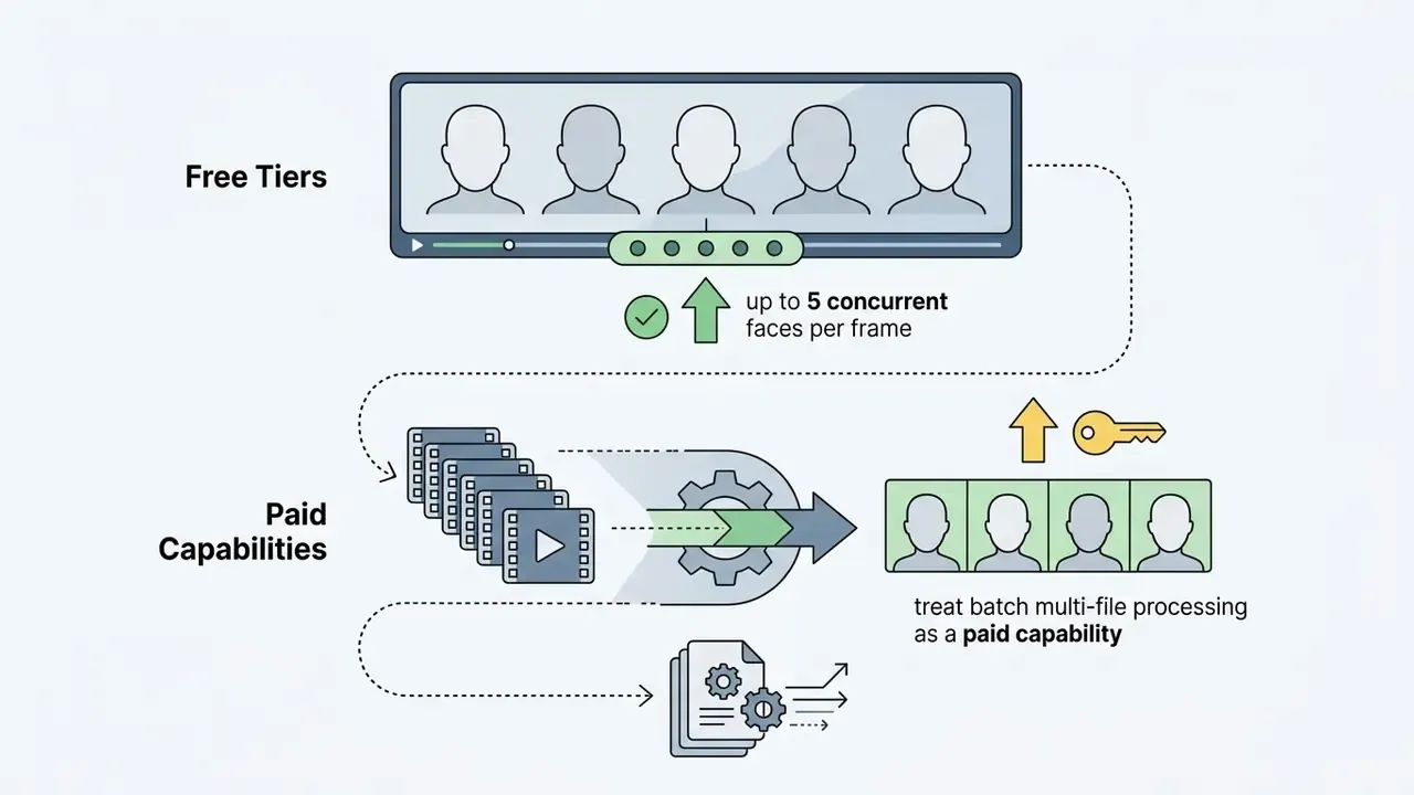 Comparison showing five concurrent faces for free tiers and batch processing as a paid capability