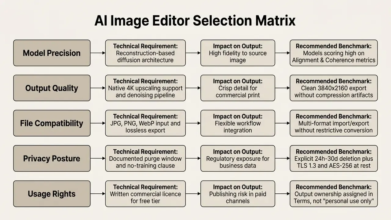 Structured matrix mapping technical requirements and output impacts to benchmarks for an AI image editor