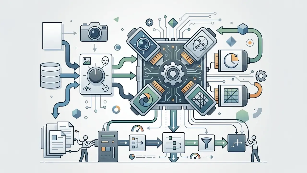 Technical schematic showing data inputs feeding into a central processing unit with modular engine nodes