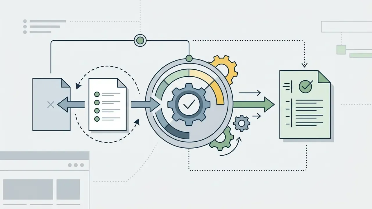 Document icons moving through a circular processing hub toward a validated and checked output file