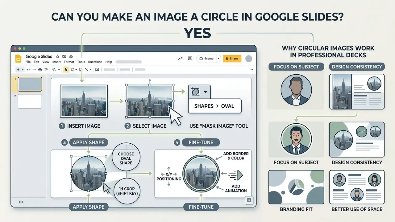 Infographic showing the step-by-step process of using the Mask Image tool to crop photos into circles