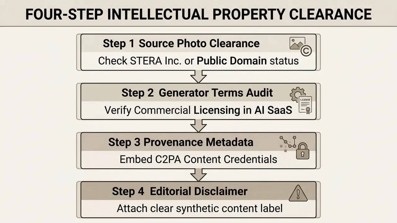 Four step workflow for intellectual property clearance involving source verification and metadata