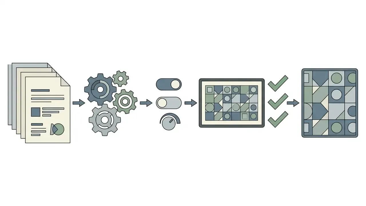 Documents moving through gears, toggles, and a preview screen to produce a finished geometric image