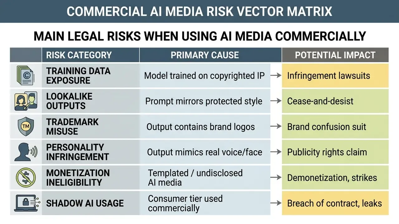 Matrix table detailing six categories of legal risks, their primary causes, and potential impacts for AI media