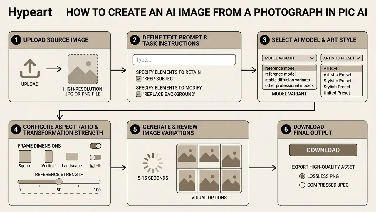 Six sequential steps for transforming a photograph using Pic AI settings and model selection tools