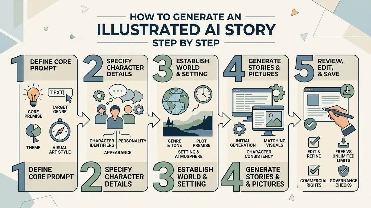 Five numbered steps outlining the process of creating an AI story generator with pictures