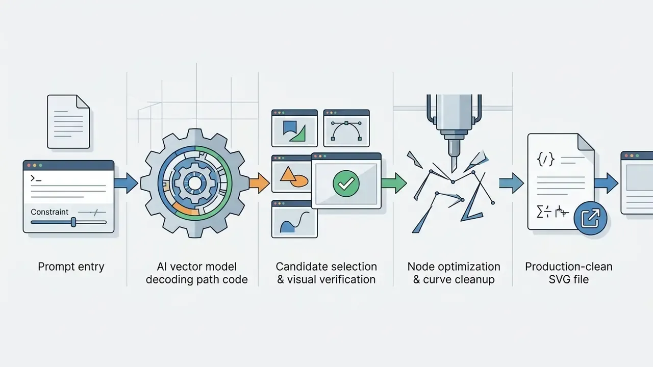 Sequential steps from prompt entry through model decoding and node optimization to final SVG file export