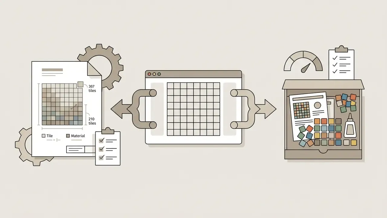 Central grid converting into project documentation on the left and a physical craft kit on the right