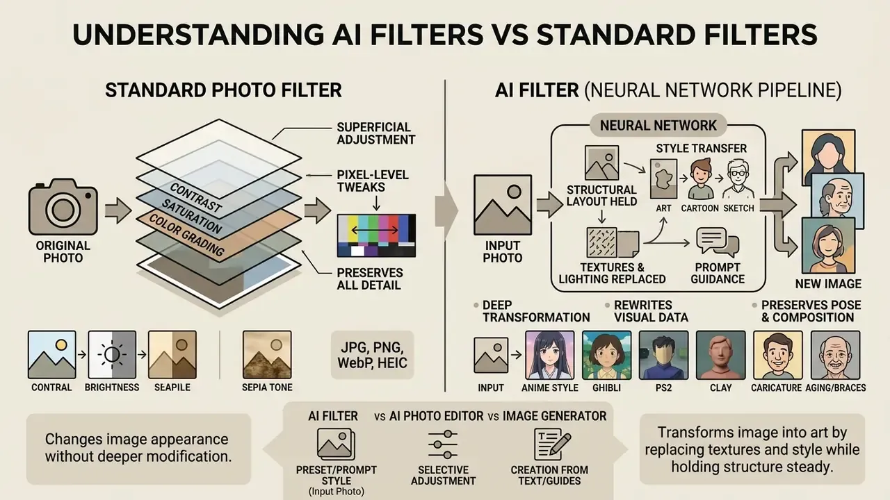 Infographic comparing standard photo filters that adjust pixels with AI filters that transform style