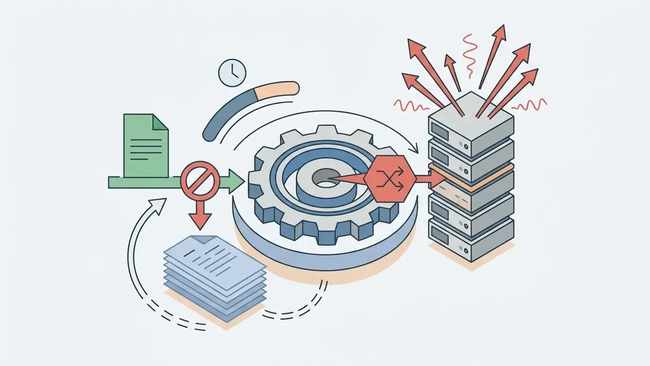 Blocked document flow diverted to a stack of files while a central gear connects to an overloaded server