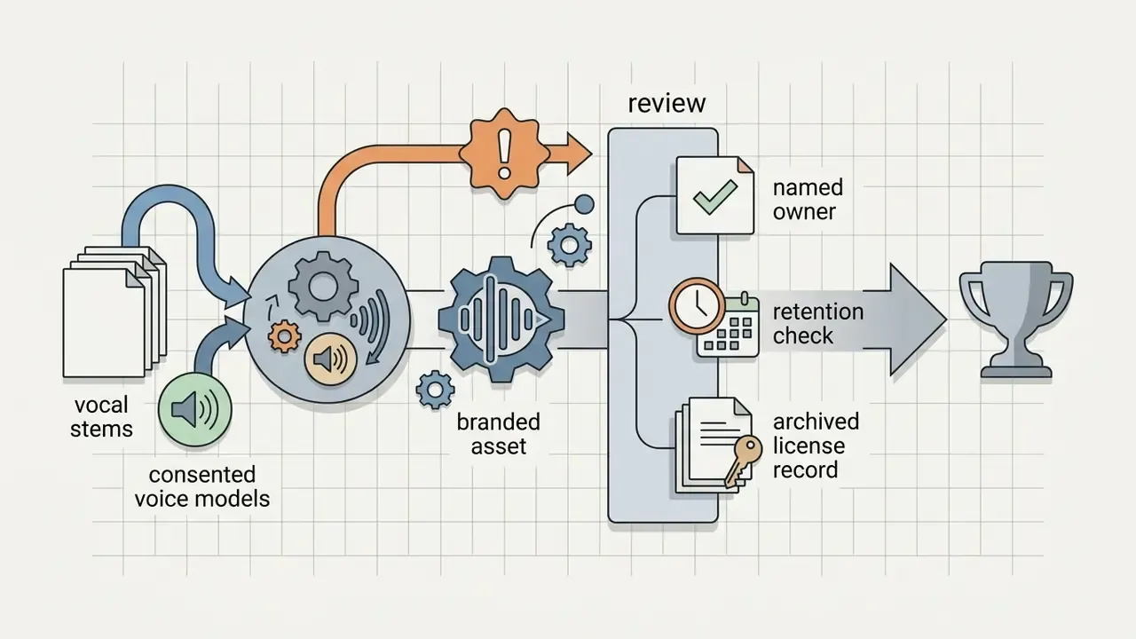 Diagram showing vocal stems and voice models passing through a review gate to create a branded asset