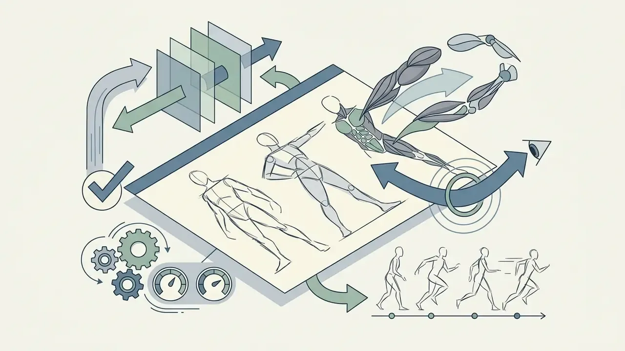Sketches of human figures showing anatomy and movement alongside gears and a running sequence