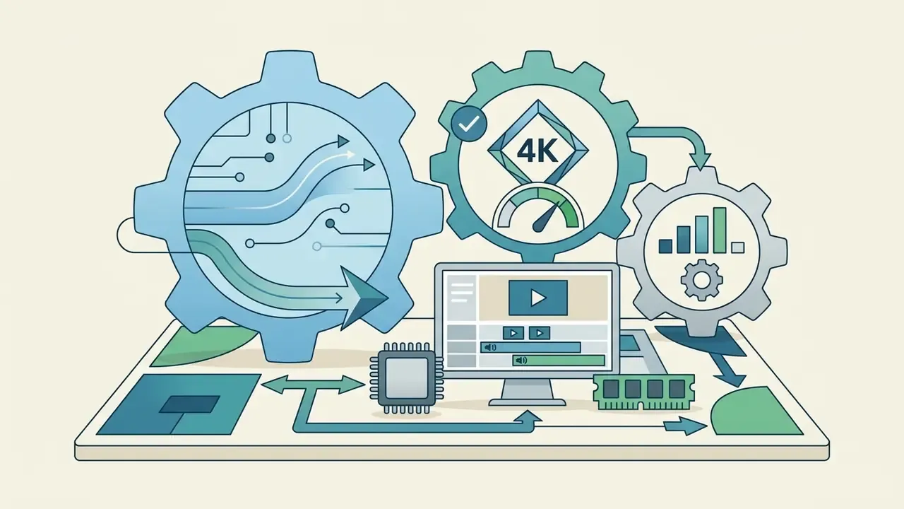 Interconnected gears and computer components processing 4K video data on a desktop editing interface