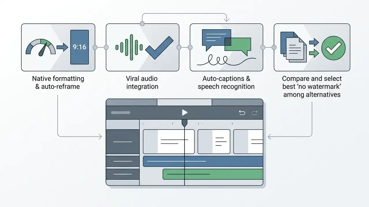 Sequence of steps for mobile video editing including formatting, audio, captions, and software selection