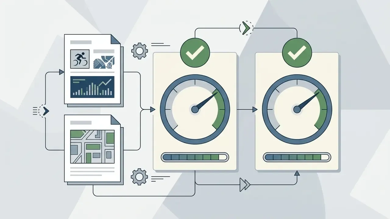 Two document icons feeding into a sequential process of two gauges with checkmarks and progress bars