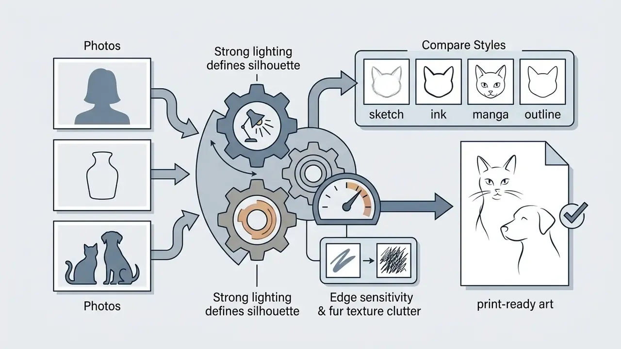 Workflow showing how pet photos pass through gear settings to create stylized print-ready line art