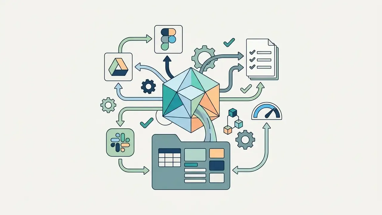 Software integration icons and data files cycle through a geometric hub to output tasks and status metrics