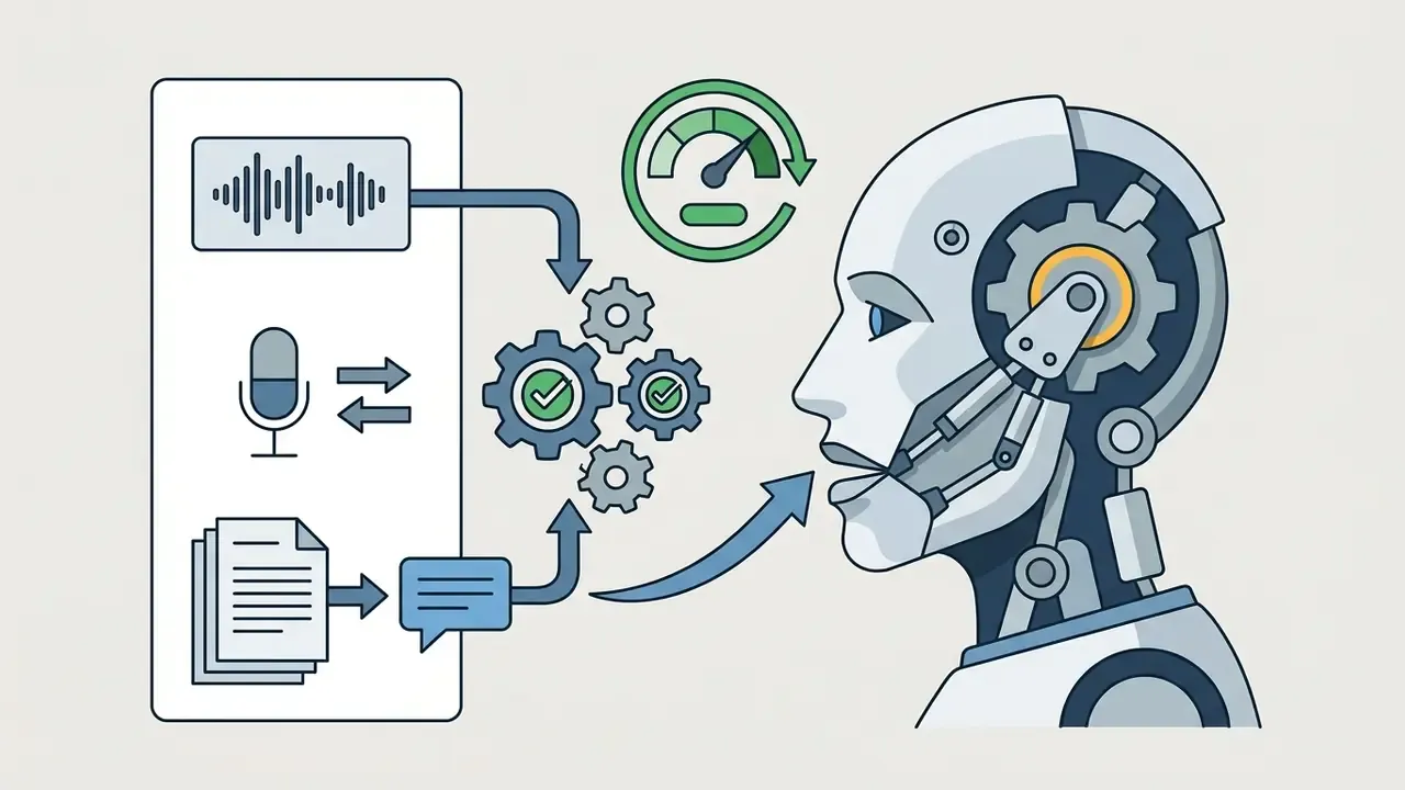 Audio, microphone, and text inputs feeding through a gear system to animate a robotic character mouth