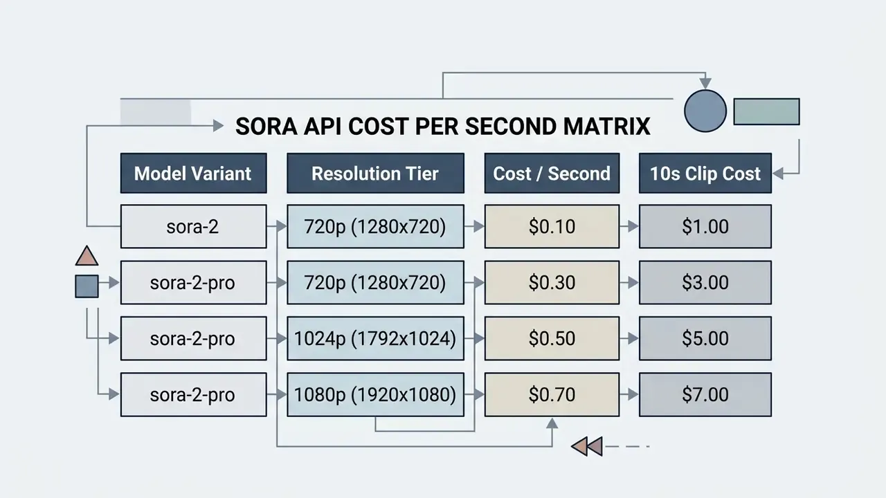 Data table showing Sora API pricing tiers based on model variant, resolution, and clip duration