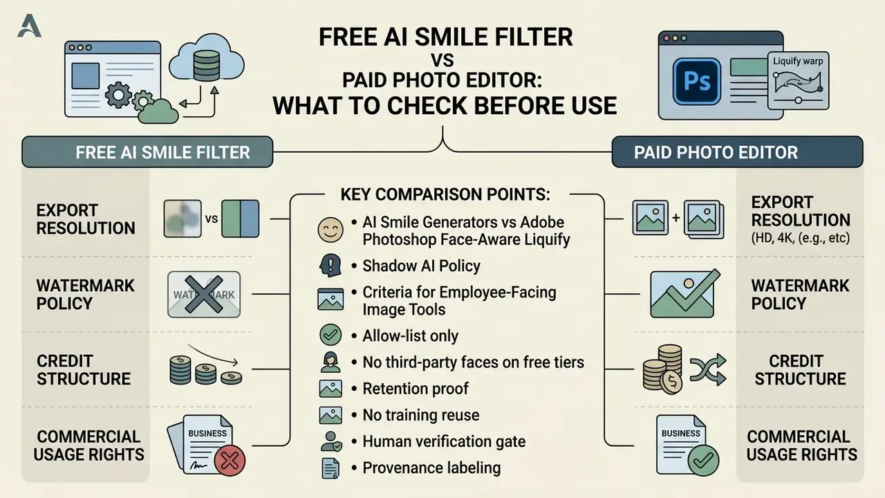 Comparison chart evaluating export, watermark, credit, and usage policies for online tools and editors