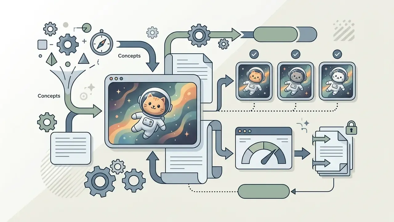Astronaut cat character concepts flowing through a gear processor into generated image frames and speed gauges