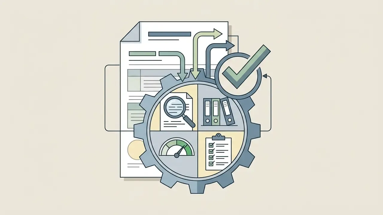 Document and gear icon with quadrants showing a magnifying glass, binders, gauge, and checklist