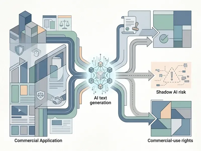Flowchart showing how commercial applications feed into automated text generation to impact legal rights