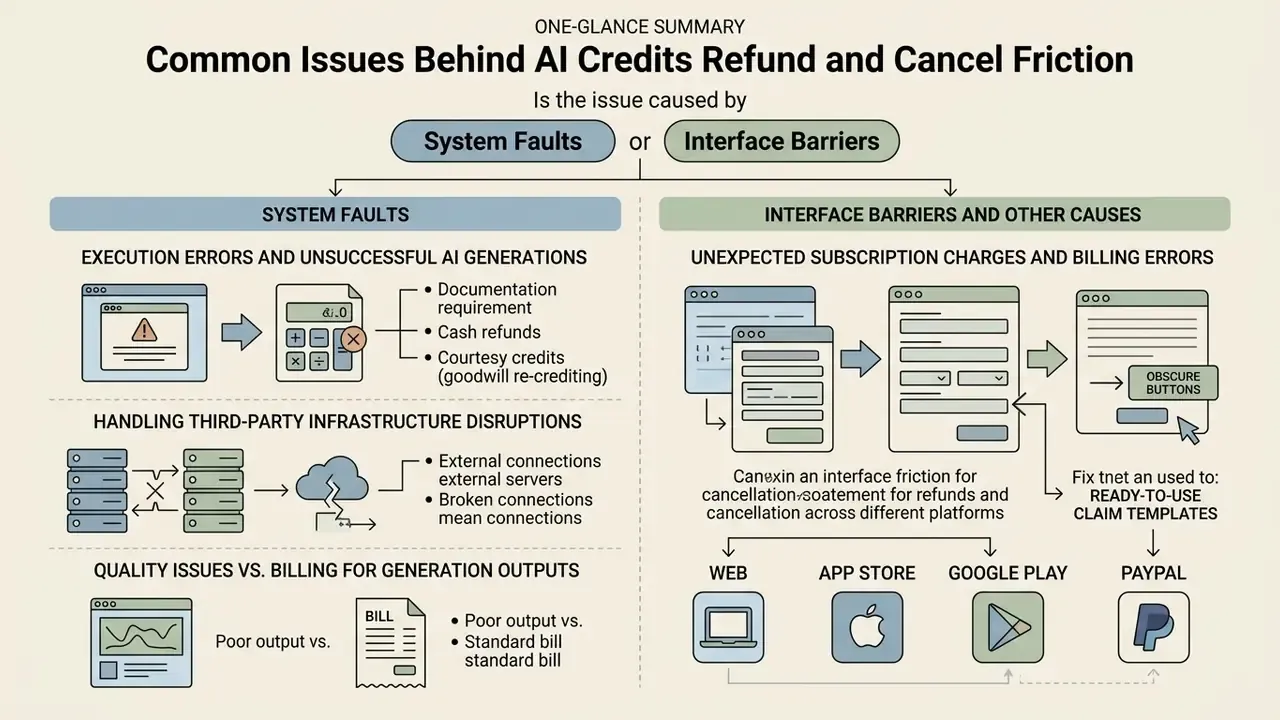 Diagram comparing system faults and interface barriers as causes for AI credit refund and cancel friction
