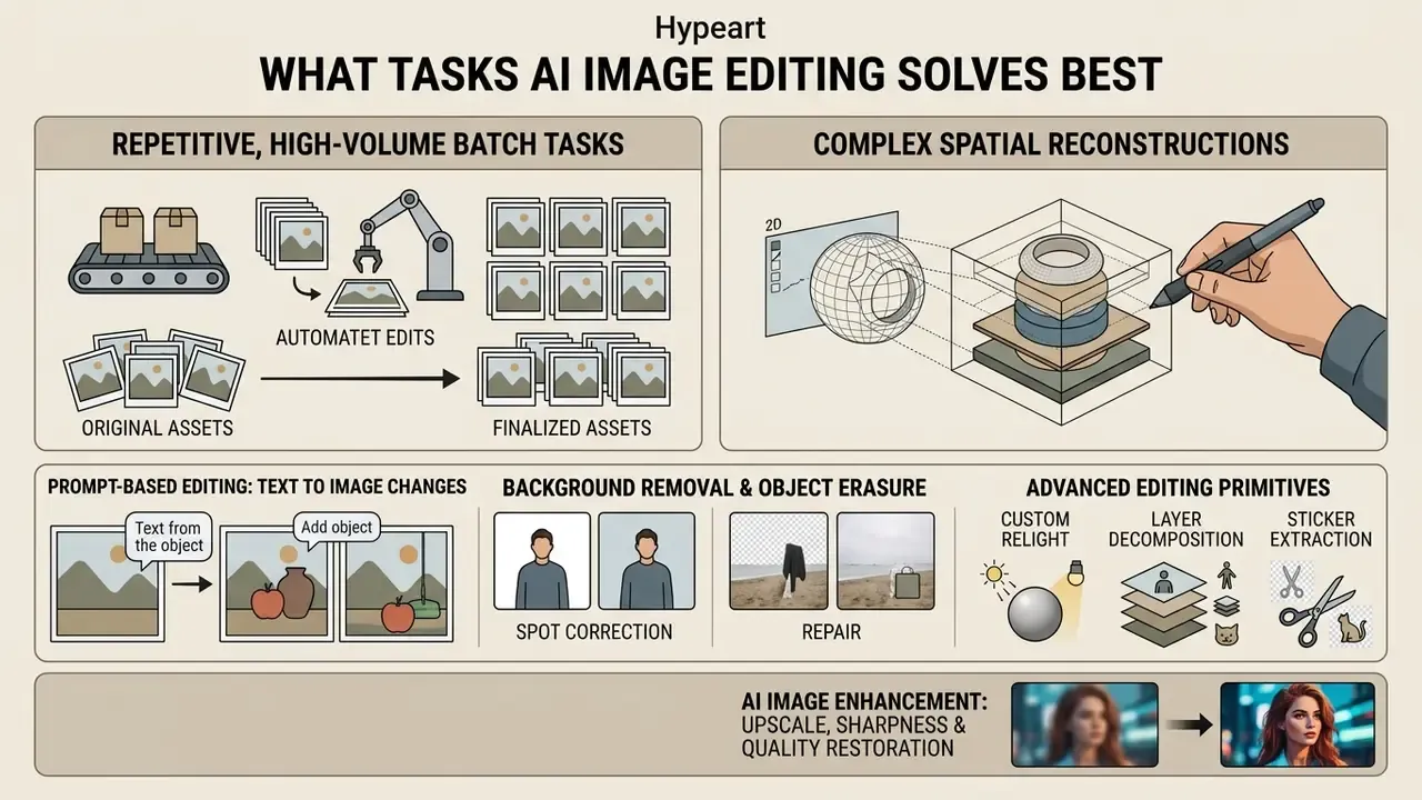 Infographic illustrating how AI image editing handles batch processing, spatial reconstruction, and edits
