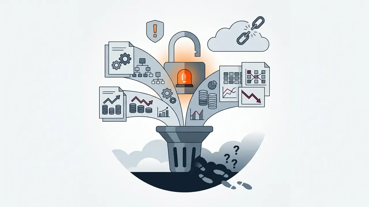 Financial documents flowing into a funnel beneath an open padlock with a glowing alarm light