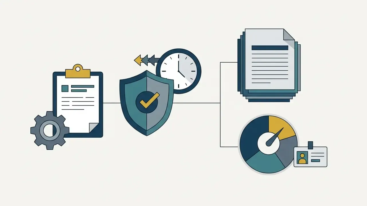 Clipboard with gear and shield icon connecting to document stacks and a status gauge with ID badge