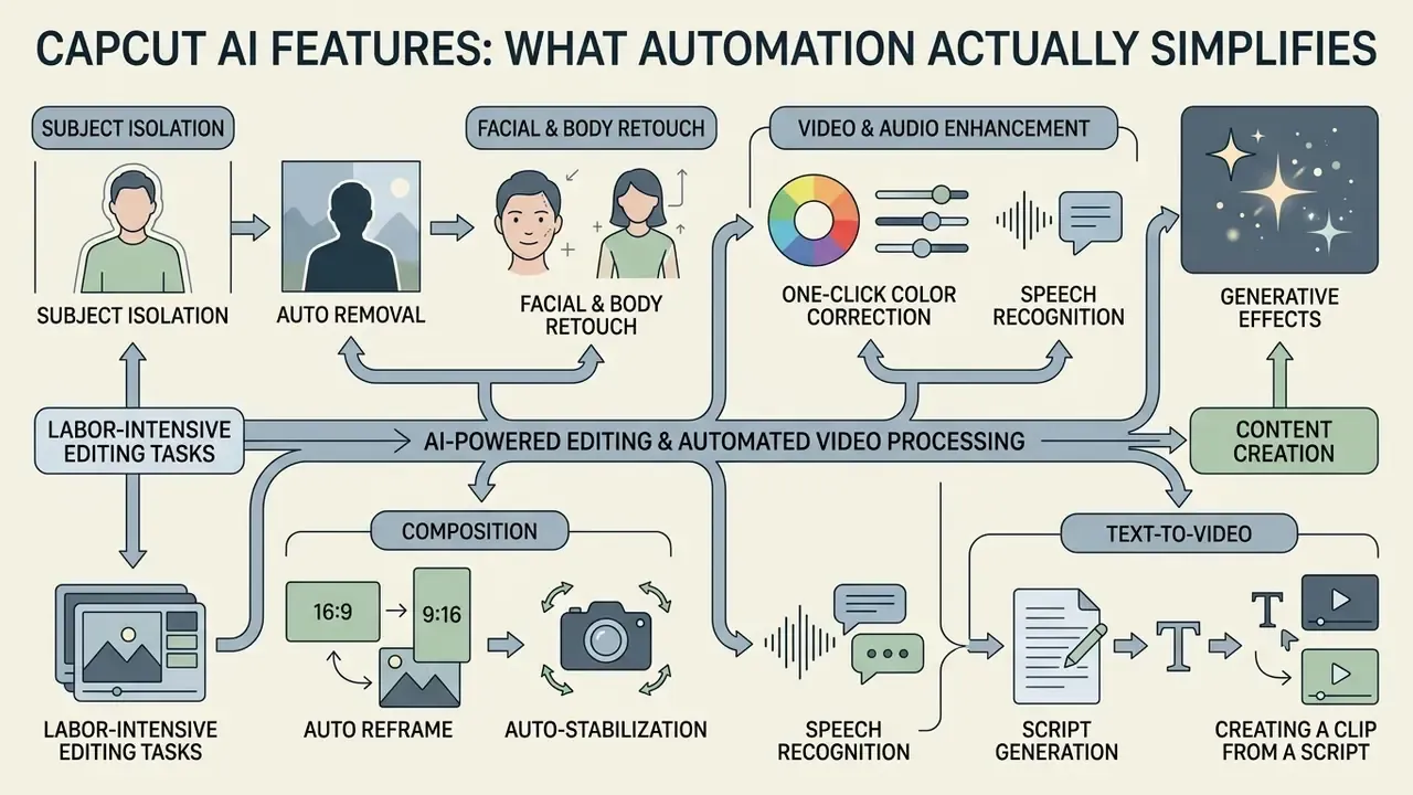 Flowchart showing how AI tools in CapCut automate editing tasks like subject isolation and text-to-video