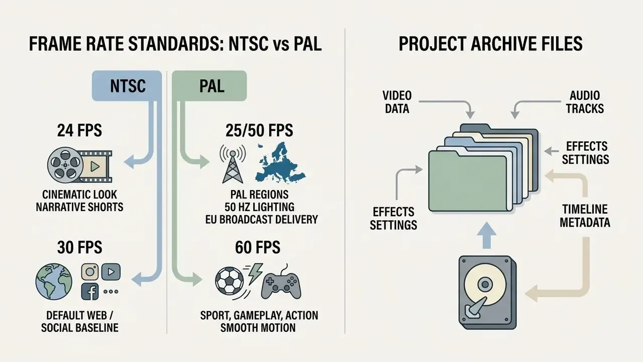 Diagram showing frame rate standards for NTSC and PAL alongside a workflow for archiving project files