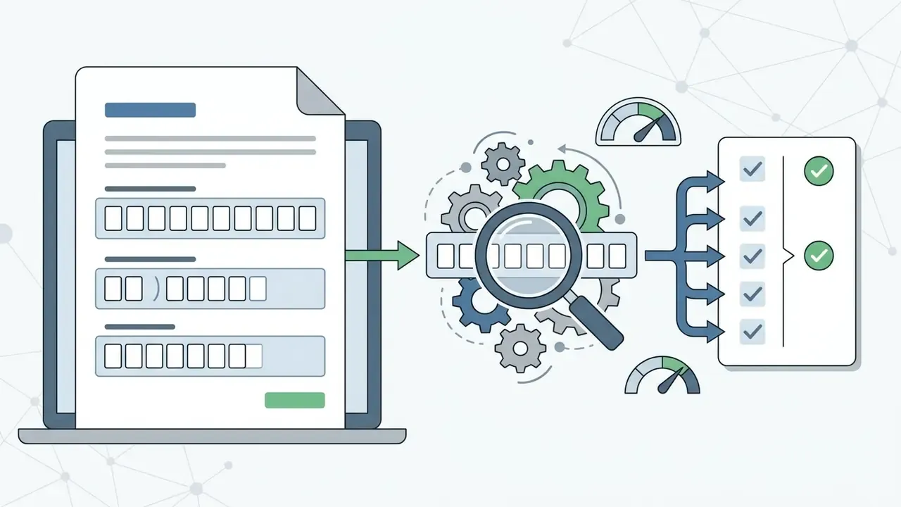 Document data moving through a magnifying glass and gear processor to be validated on a checklist