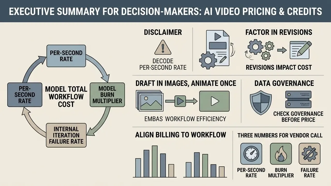 Infographic showing key factors for AI video pricing including workflow costs, revision impacts, and governance