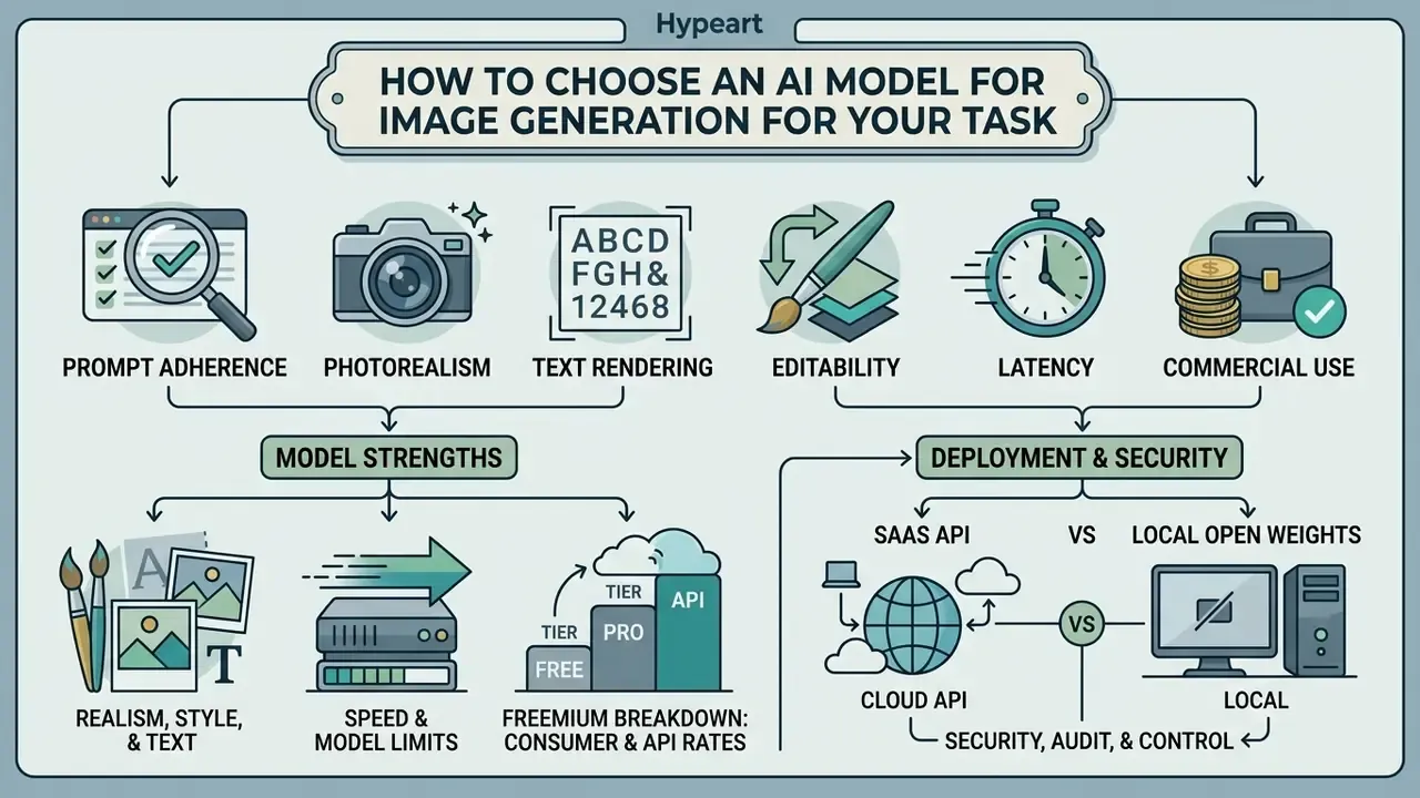 Infographic outlining six criteria for evaluating AI image models and their deployment considerations
