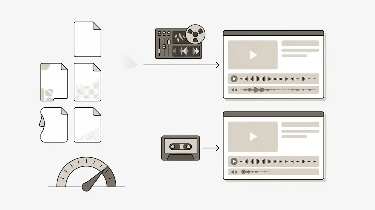 Audio files and a speed gauge pointing toward digital editing interfaces for processing sound tracks