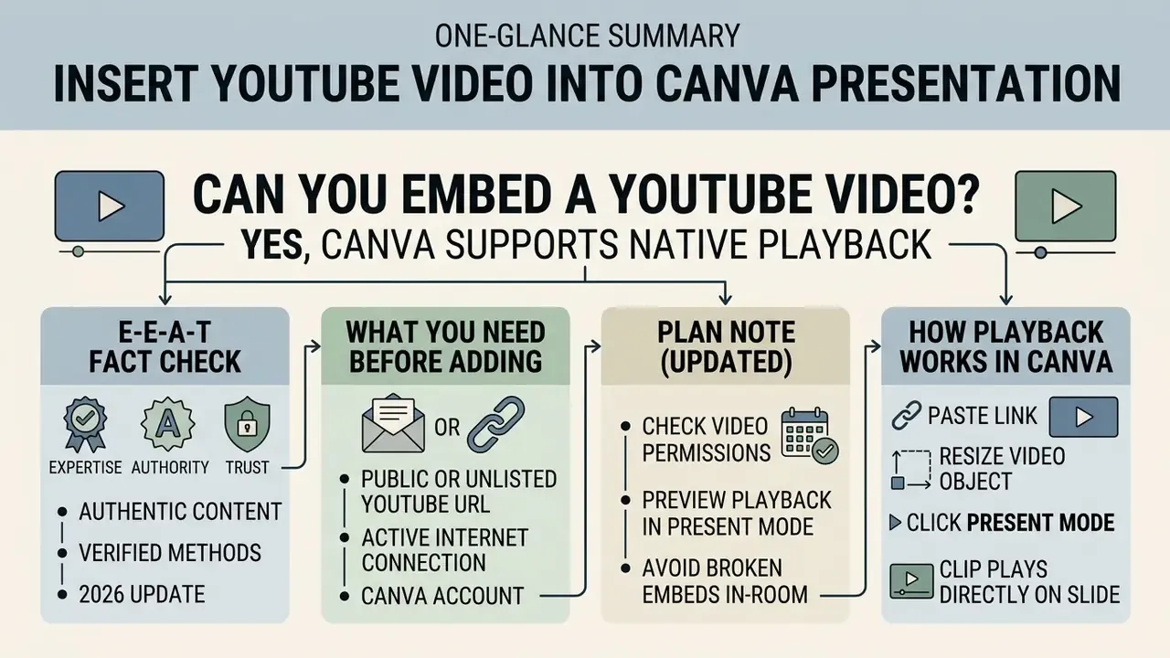 Infographic summarizing how to insert a YouTube video into a Canva presentation with four key process steps