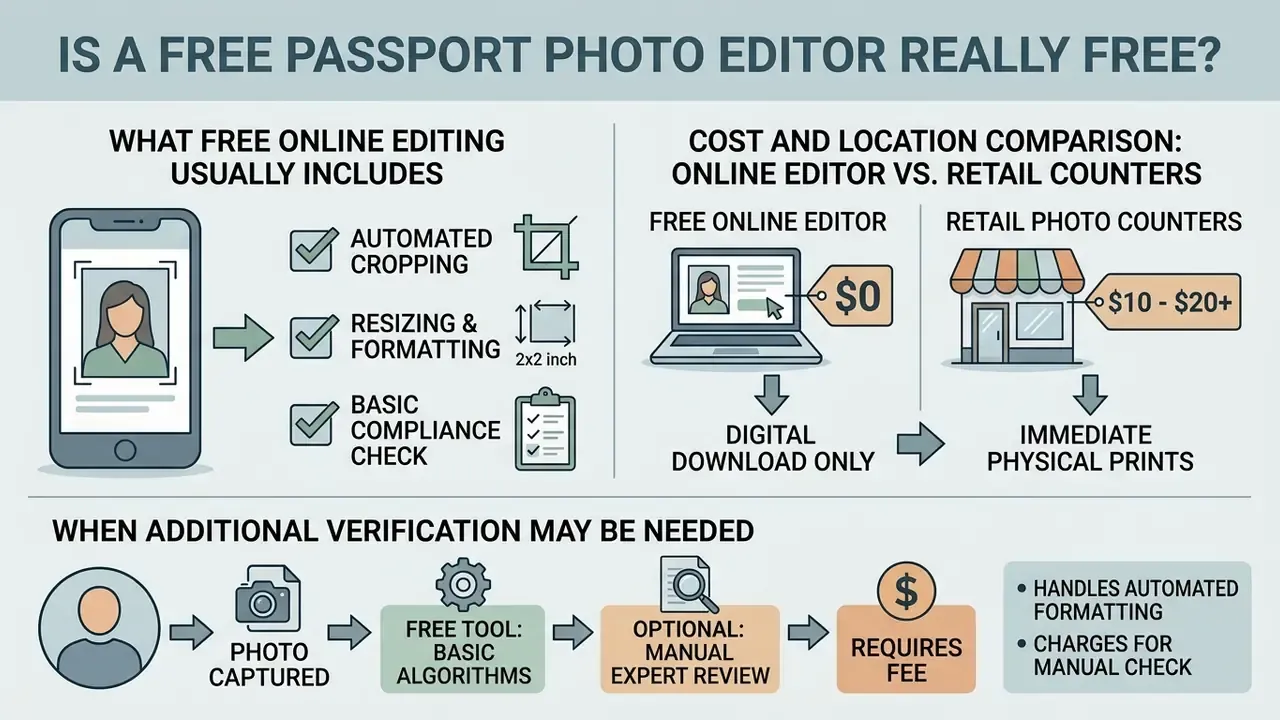 Comparison of free passport photo editor features, costs, and the process for manual expert verification