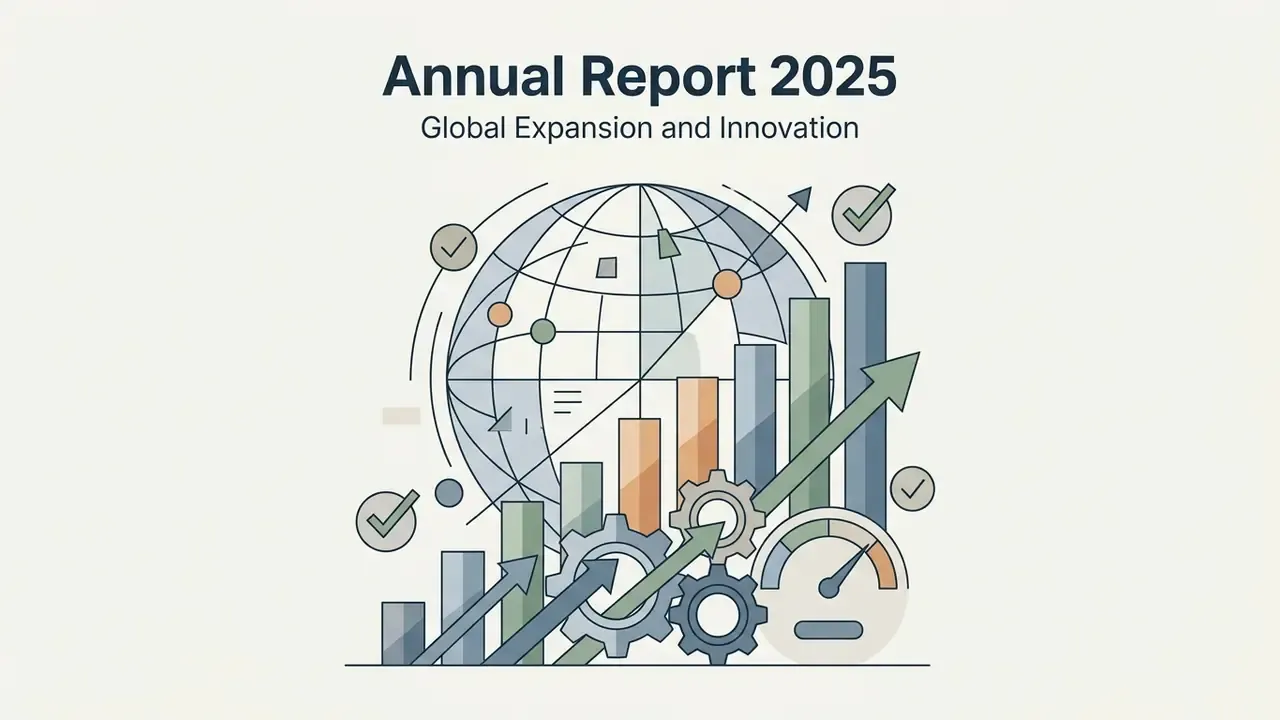 Abstract globe graphic with rising bar charts, gears, and checkmarks for a 2025 annual report cover