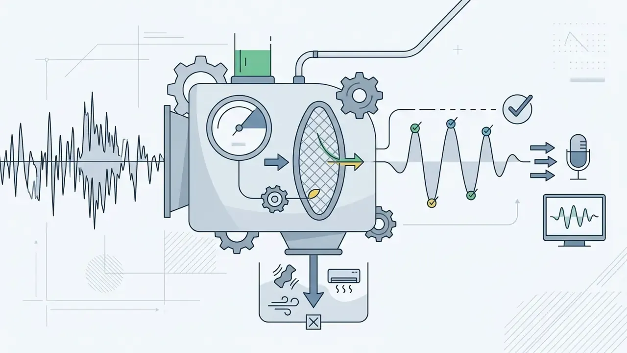 Mechanical filter processing a raw audio waveform to isolate vocal frequencies and remove background noise