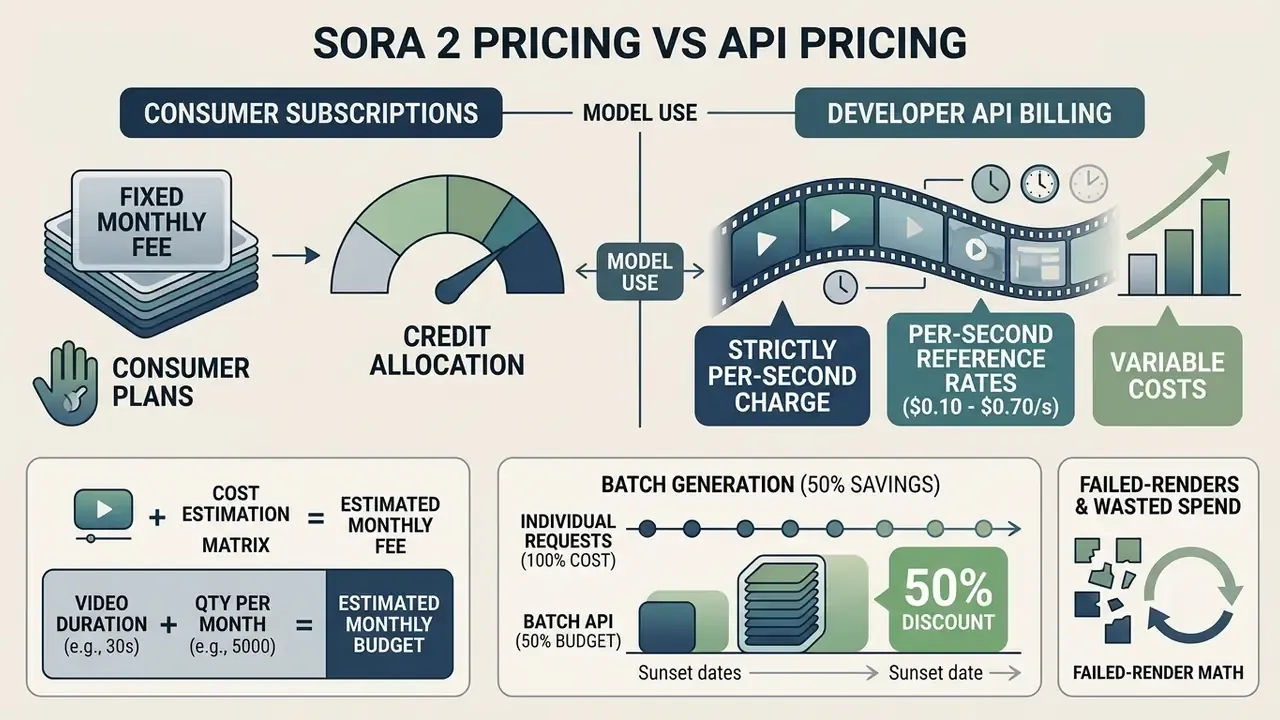 Comparison infographic showing fixed monthly consumer subscription credits versus variable per-second API billing