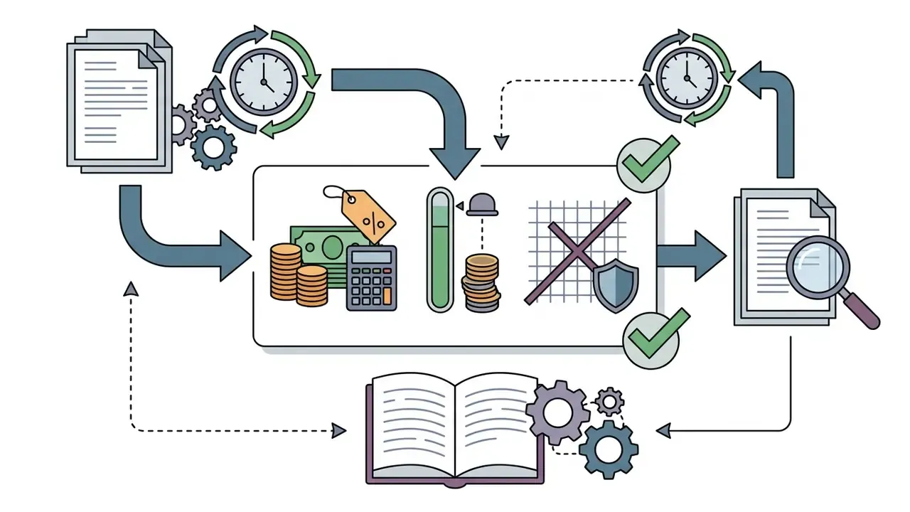 Cycle of document review and financial tracking using clocks, calculators, and audit icons